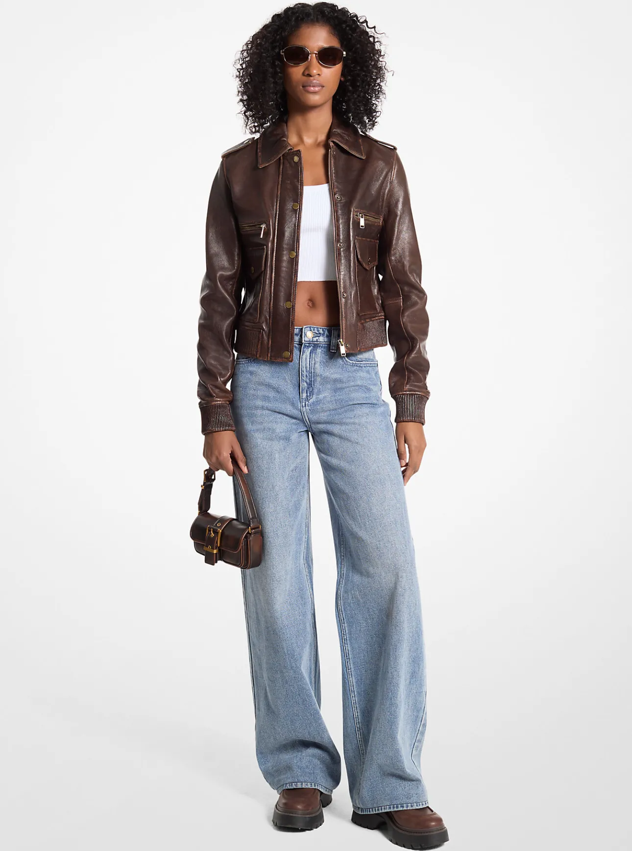 Burnished Leather Blouson Sleeve Jacket