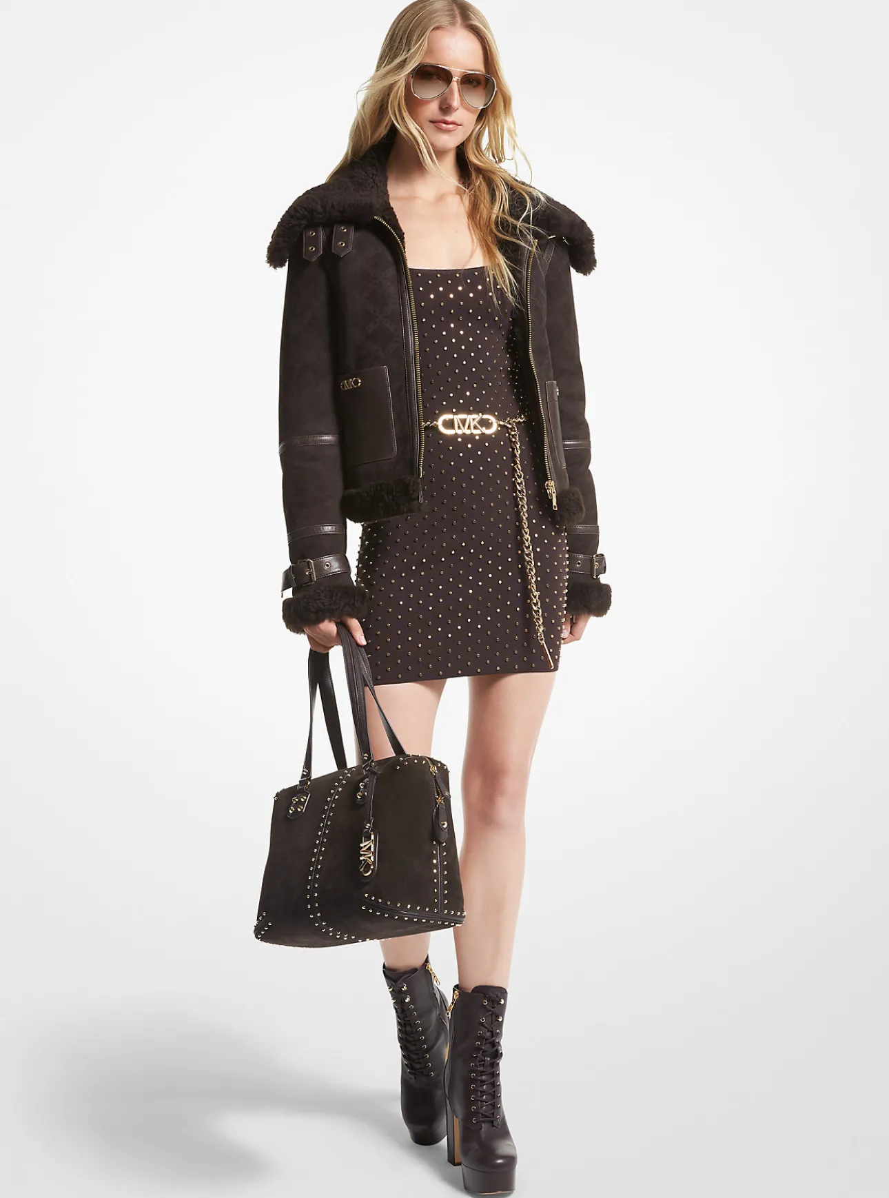 Empire Logo Embossed Suede and Shearling Flight Jacket