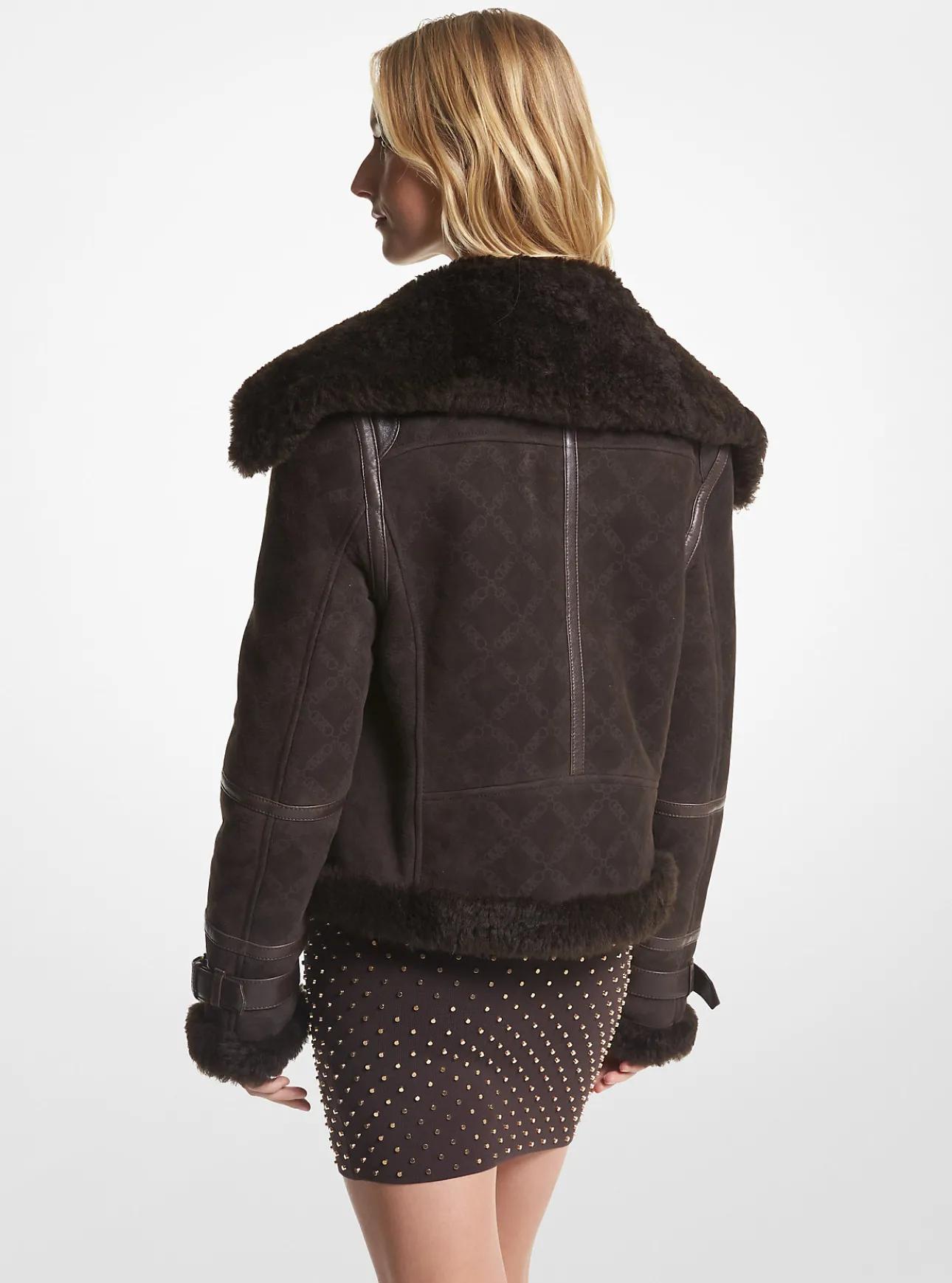 Empire Logo Embossed Suede and Shearling Flight Jacket