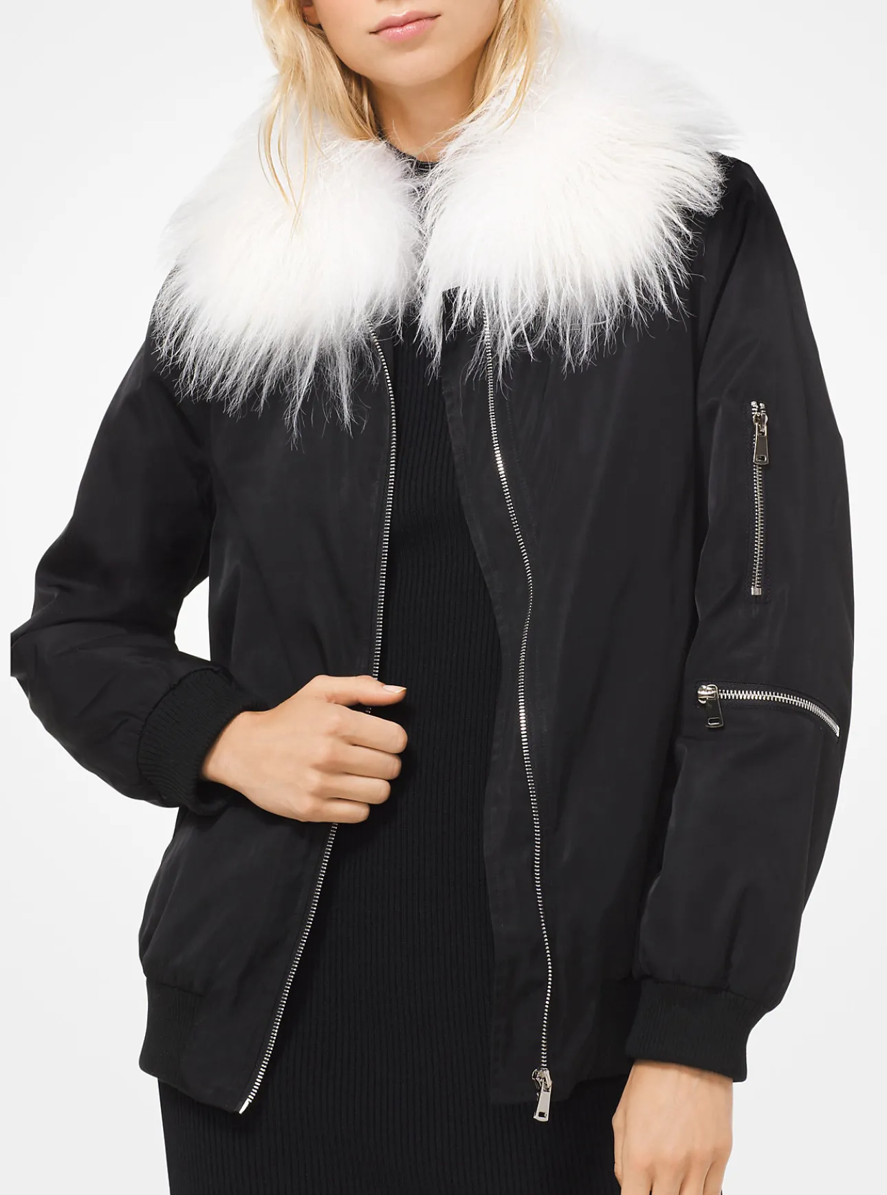 Goat Hair Collar Bomber Jacket