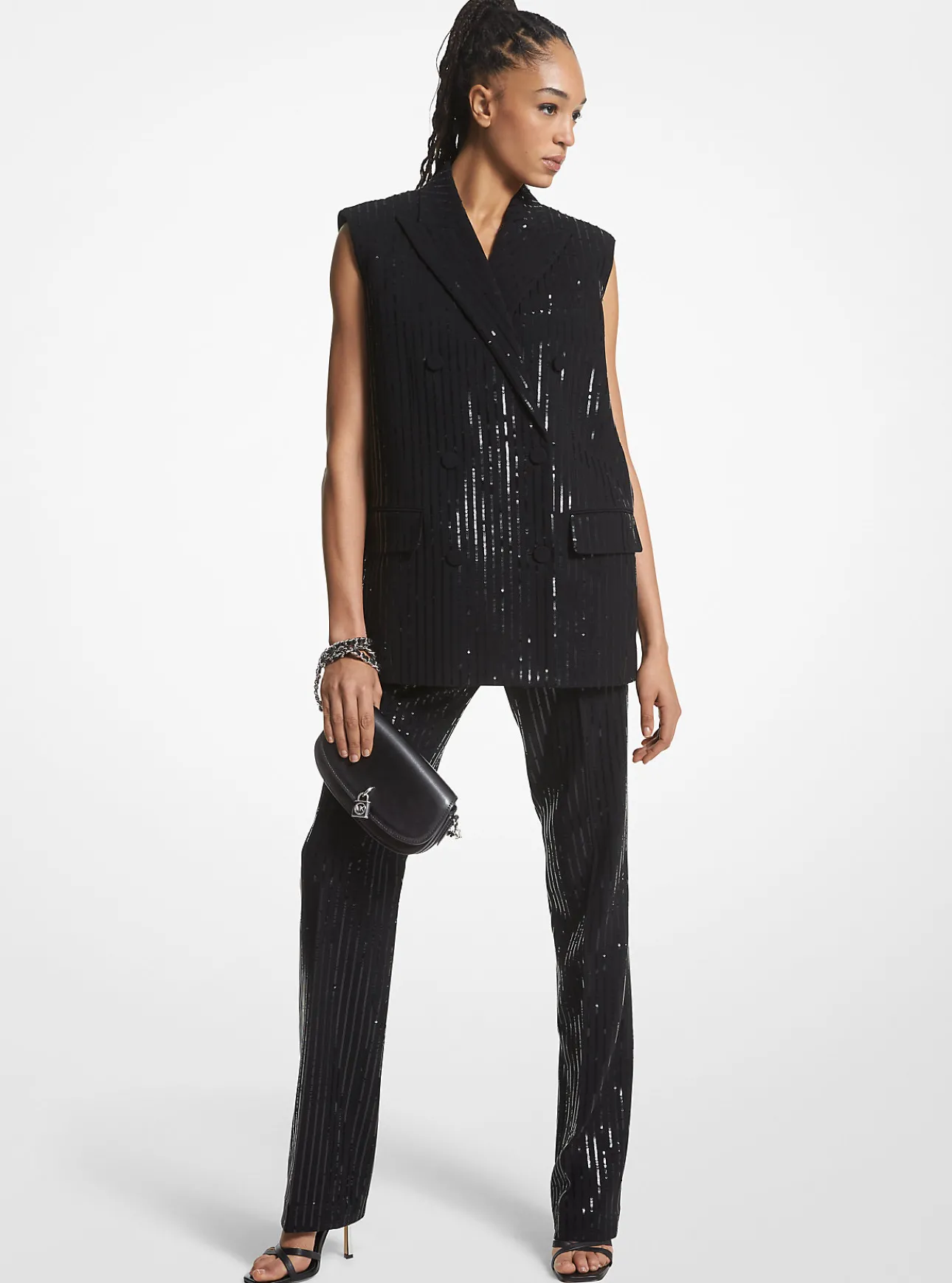 Pinstripe Sequined Crepe Sleeveless Blazer