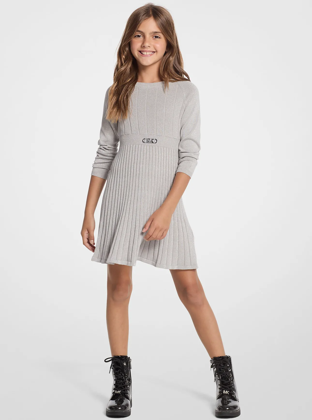 Pleated Metallic Knit Sweaterdress
