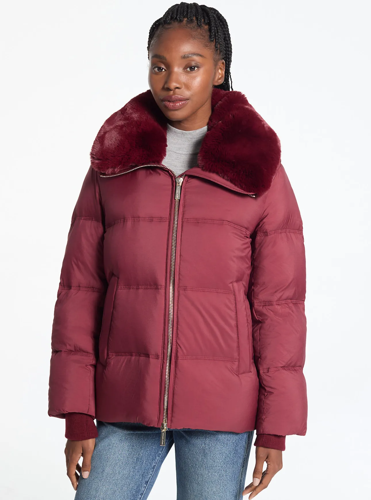 Quilted Puffer Jacket With Faux Fur Collar
